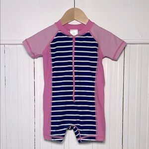 HANNA ANDERSSON Girls Pink Navy Rash Guard Zip Up One Piece Swim Suit